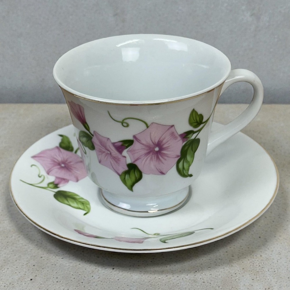 Teleflora Porcelain Tea Cup Saucer Set Pink Morning Glory Floral Gold Trim